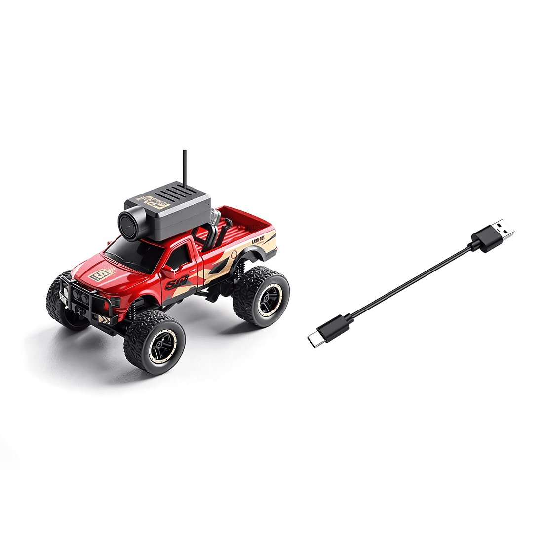 1/64 Scale FPV Mini RC Truck with WiFi HD Camera & APP + Remote Dual Control, 2.4G Full-Proportional RC Crawler with Display Screen, Gyro Stabilization & 3-Speed & Cruise Control - RTR