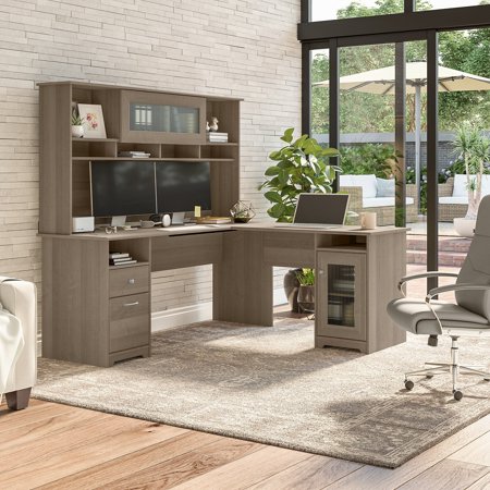 UPC: 0042976161224 | Bush Furniture Cabot 72W L Shaped Desk with Hutch and Storage by Ash Gray Ash Finish