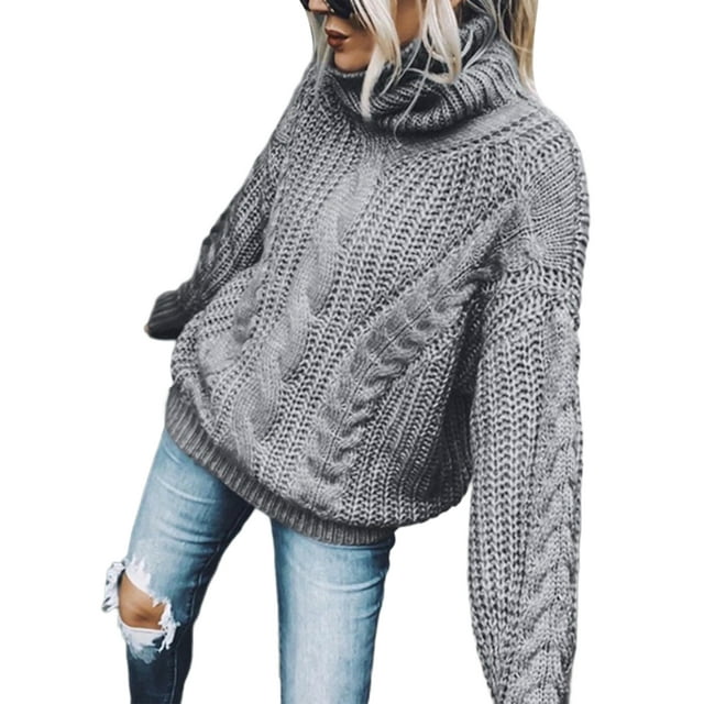LUXUR Ladies Knitted Sweaters Long Sleeve Jumper Tops High Neck Sweater Knitwear Pullover Solid Color Gray L
