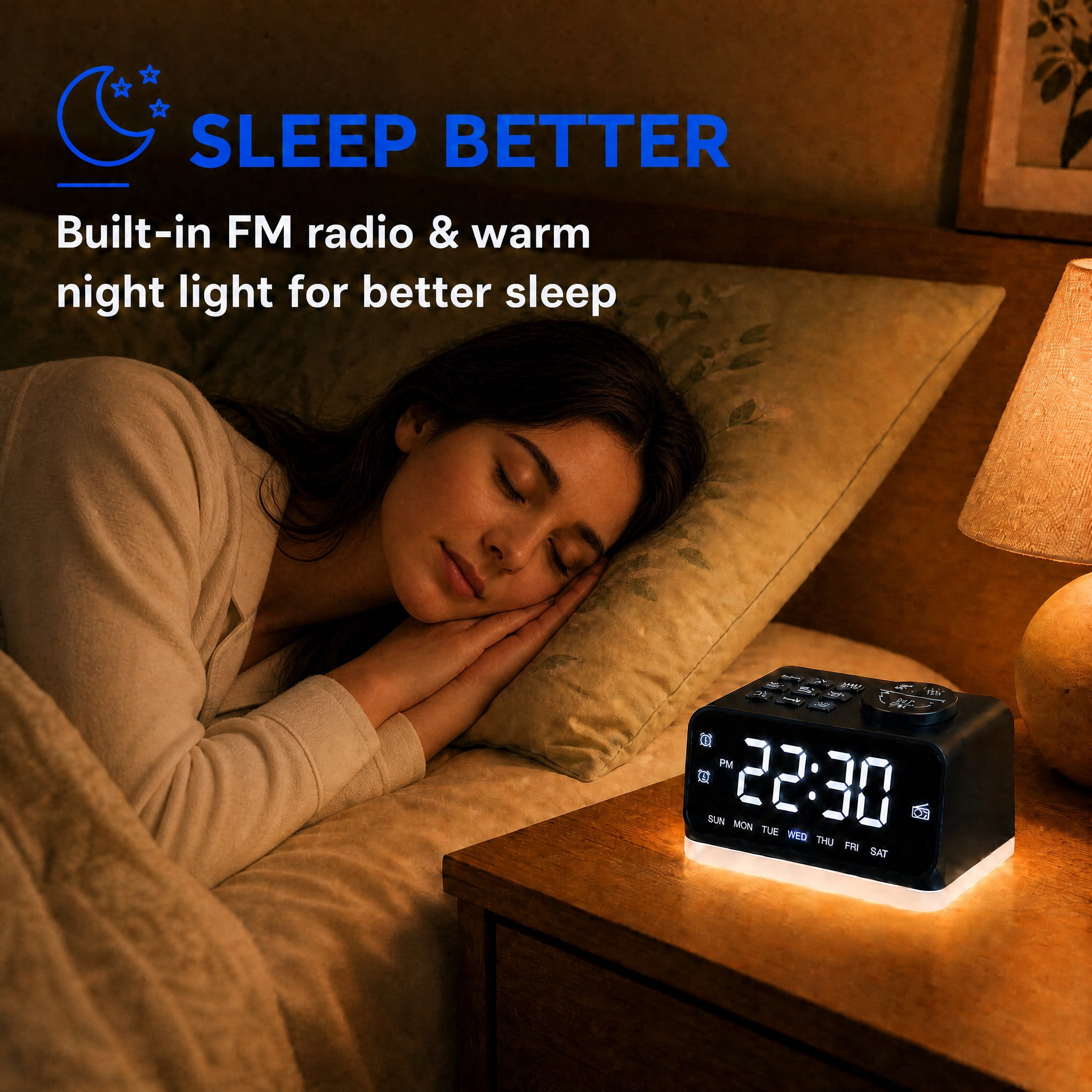 Digital Alarm Clock with FM Radio for Bedroom, 8 Colors Night Light with 2 Charging Port, Sleep Sound Machines with Timer, Dual Alarm, Loud Alarm and Easy to Use for Seniors and Kids