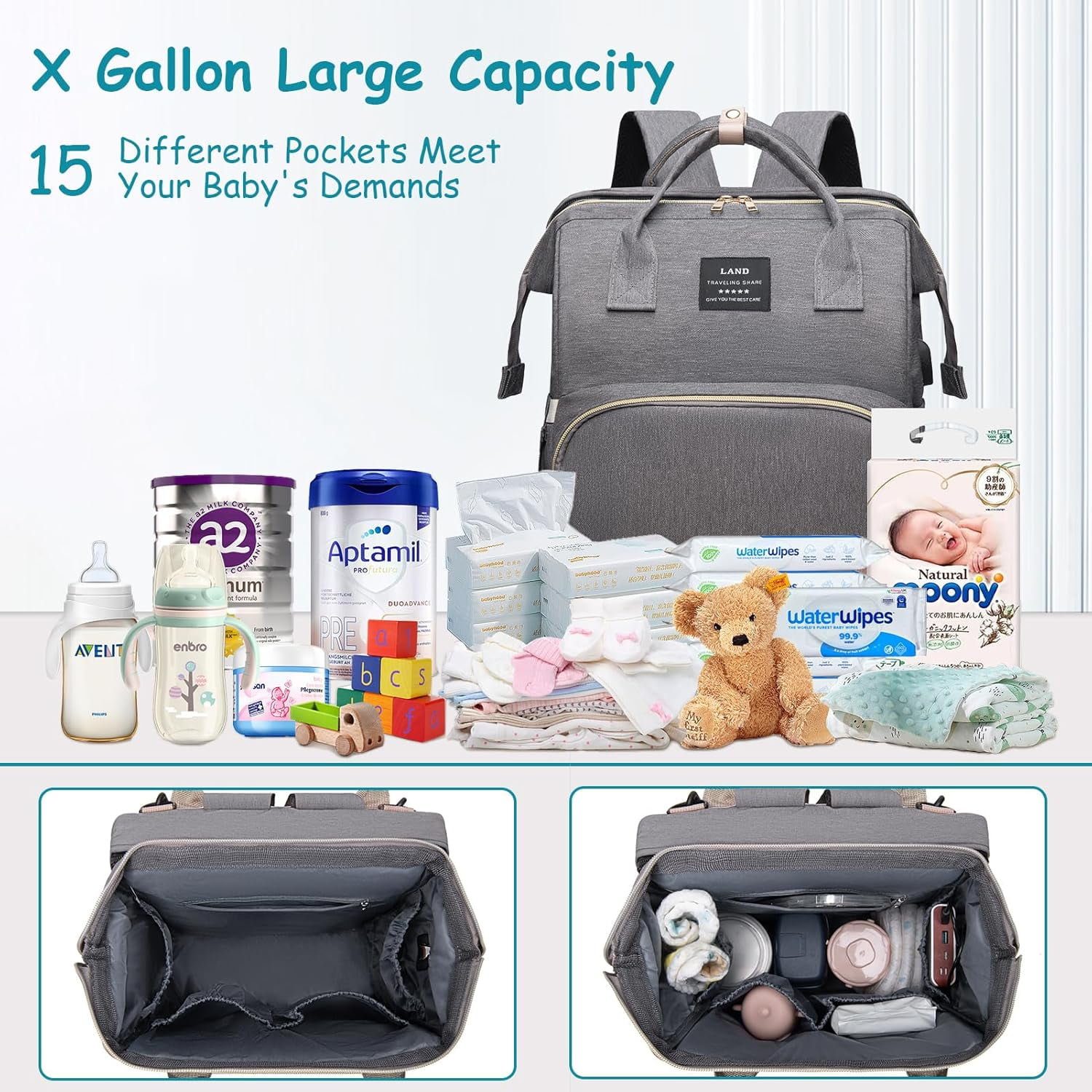 RSENFREMIOR Diaper Bag with Changing Station for Mom Dad, Large Capacity Travel Backpack with Stroller Straps ,3 in 1 Waterproof Foldable Changing Bag with Foldable Crib for Girls Boys