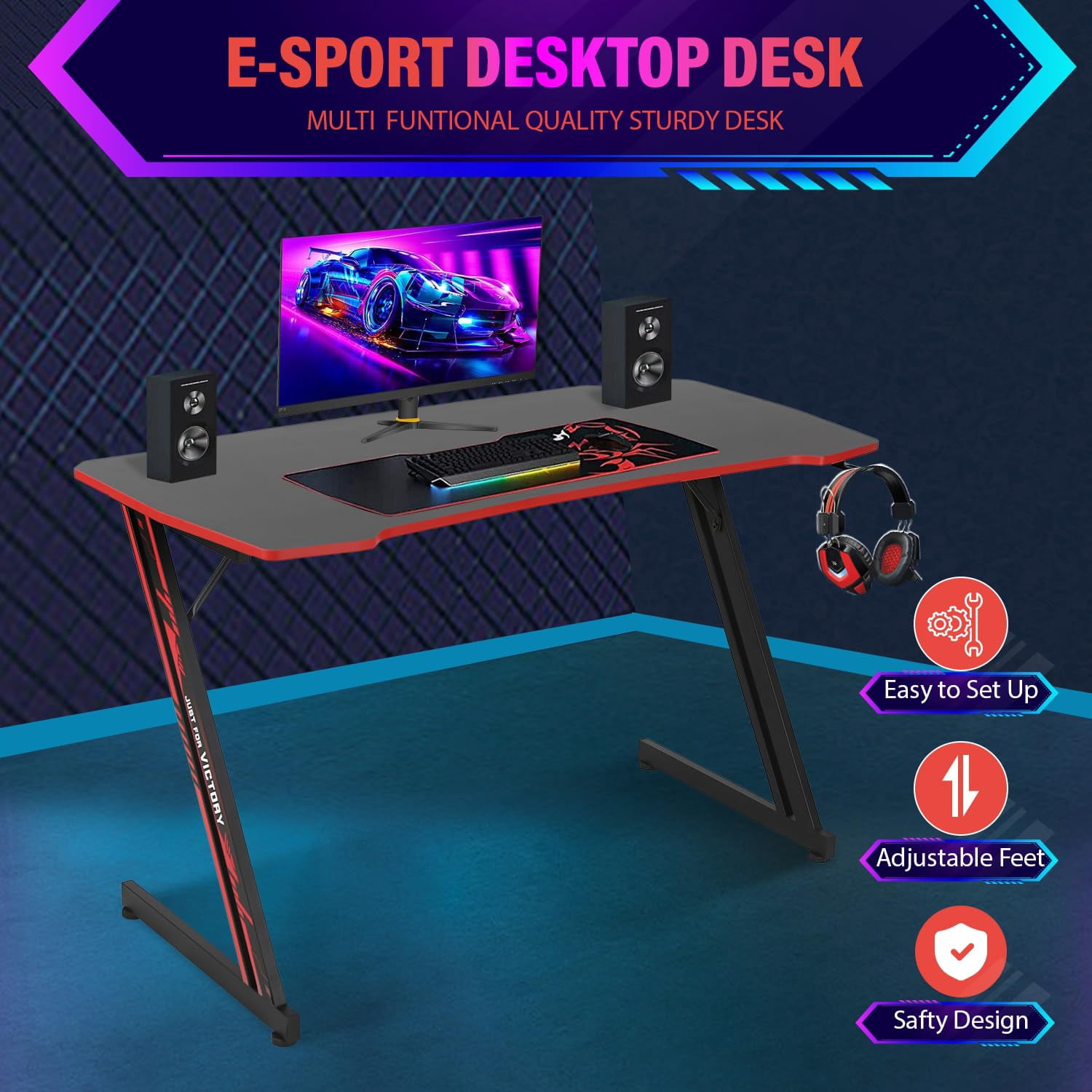 PayLessHere 47 Inch Modern Z-Shaped Gaming Desk with Headphone Hook,Red
