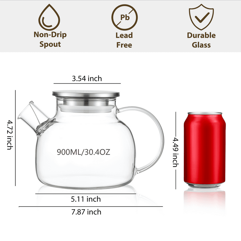 CNGLASS 1200ml/40.6oz Glass Teapot Stovetop Safe,Clear Teapot with Removable Infuser ,Loose Leaf and Blooming Tea Maker