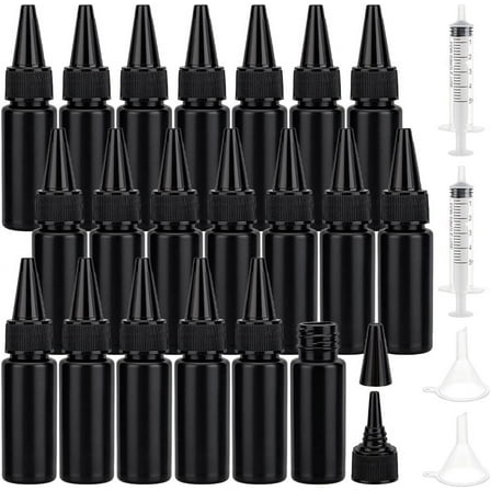 1 Set 20 Pcs 30ml/(1 oz) Black Squeeze Bottles Plastic Leakproof Dispensing Bottles with 3 Pcs Funnels and 2 Pcs Needleless Syringes Empty Refillable Bottles for UV Glue Oil Inks Liquids