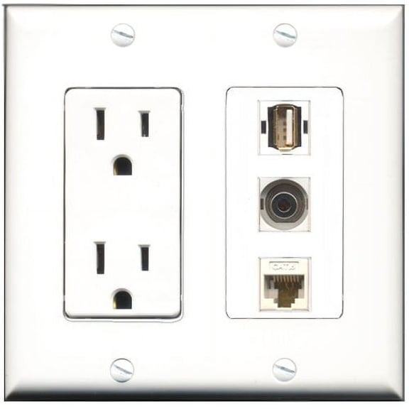 RiteAV - 15 Amp Power Outlet 1 Port USB A-A 1 Port 3.5mm 1 Port Cat6 Ethernet Ethernet White Decorative Wall Plate