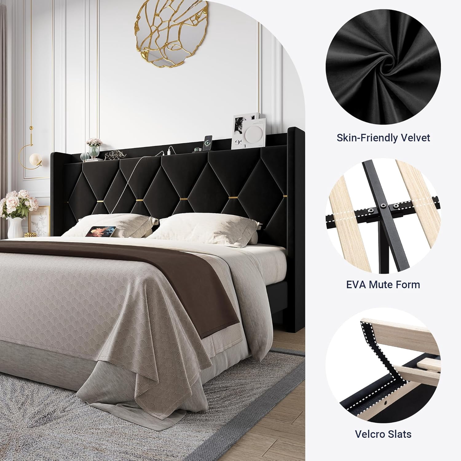 Allewie Velvet King Upholstered Bed Frame with Wingback Storage Headboard & Charging Station, Platform Bed with Diamond Tufted Design & Gold Trim, No Box Spring Needed, Easy Assembly, Black