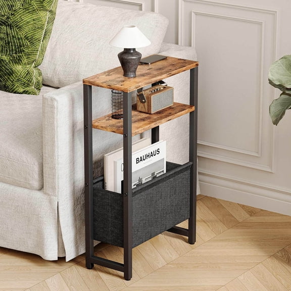 Narrow Side Table, Slim End Table with Magazine Rack, Bedside Table for Small Spaces, 3 Tier Sofa Couch Table Nightstand for Living Room, Bedroom Rustic Brown