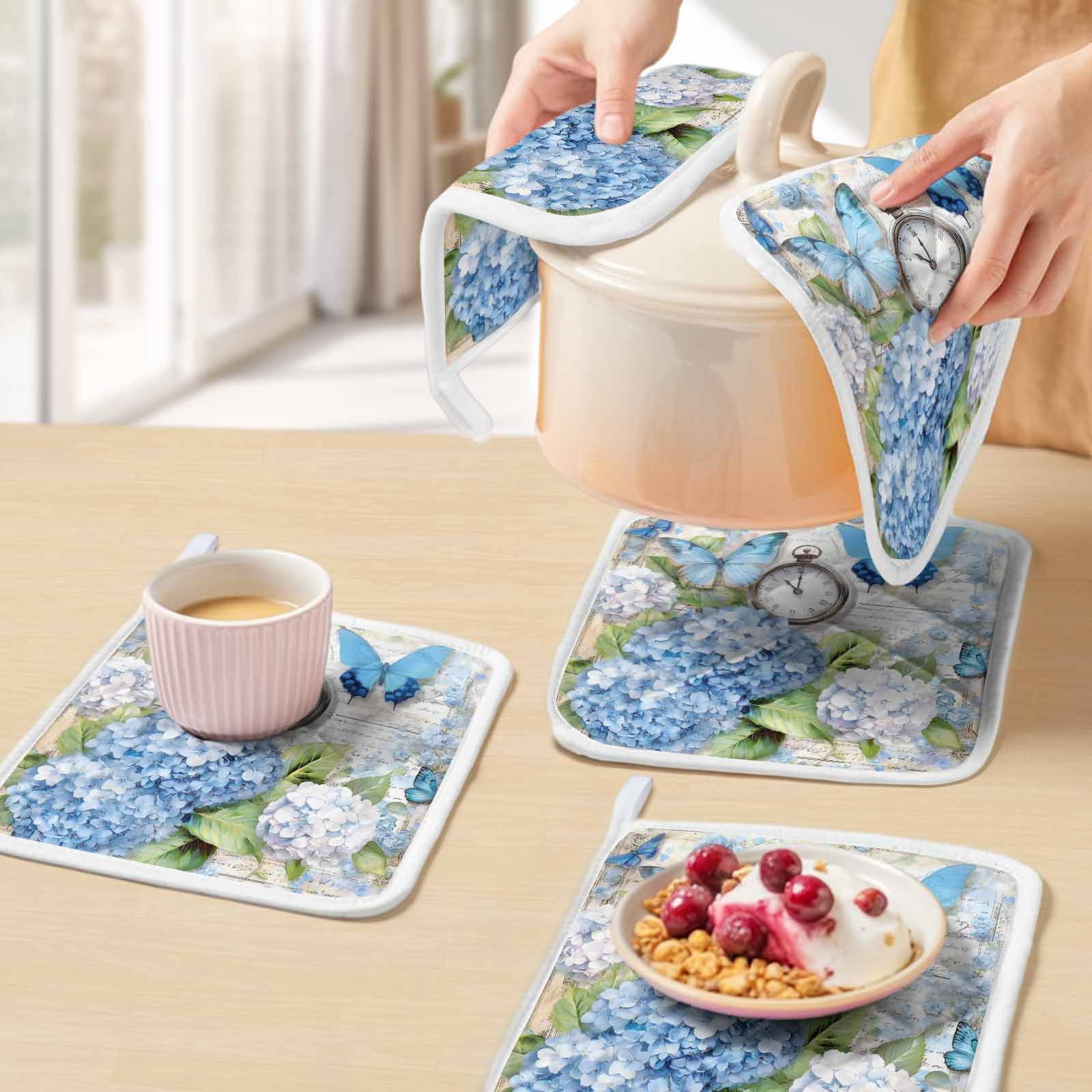 Blue Hydrangea Floral Pot Holders for Kitchen Heatproof Potholder, 3 Pack Spring Retro Butterfly Botanical Hot Pads Multipurpose Oven Pads Cloth Potholders Trivet for Cooking Baking