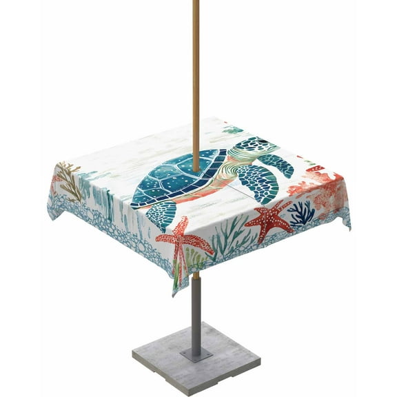 nqOlkjepod Teal Red Coastal Outdoor Tablecloth with Umbrella Hole & Zipper, Summer Beach Turtle Starfish Nautical Square Table Cover 54x54 Inch, Dining Waterproof Table Cloth Protector for Patio
