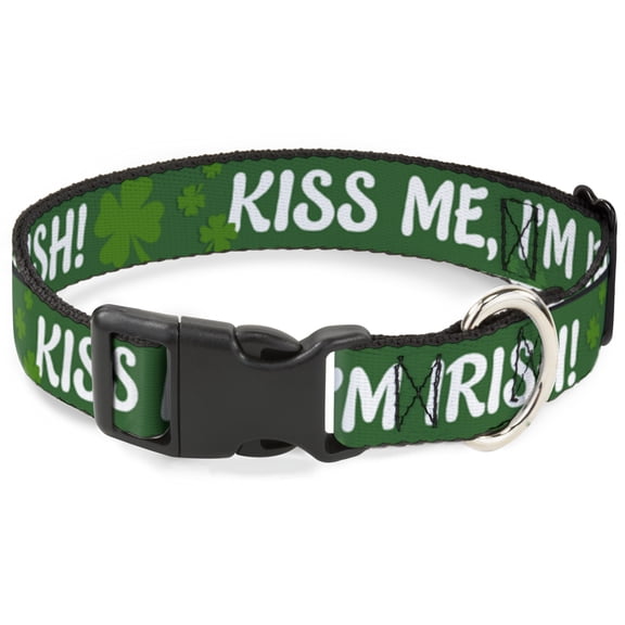 Buckle-Down Pet Collar, Dog Collar Plastic Buckle, Kiss Me Im Irish Clovers Green White, 7 to 8.5 Inches 0.5 Inch Wide