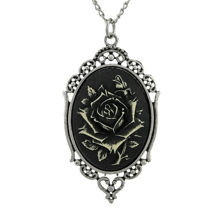 Gothic Black Rose Cameo Necklace in Silver Tone Frame 30 In.