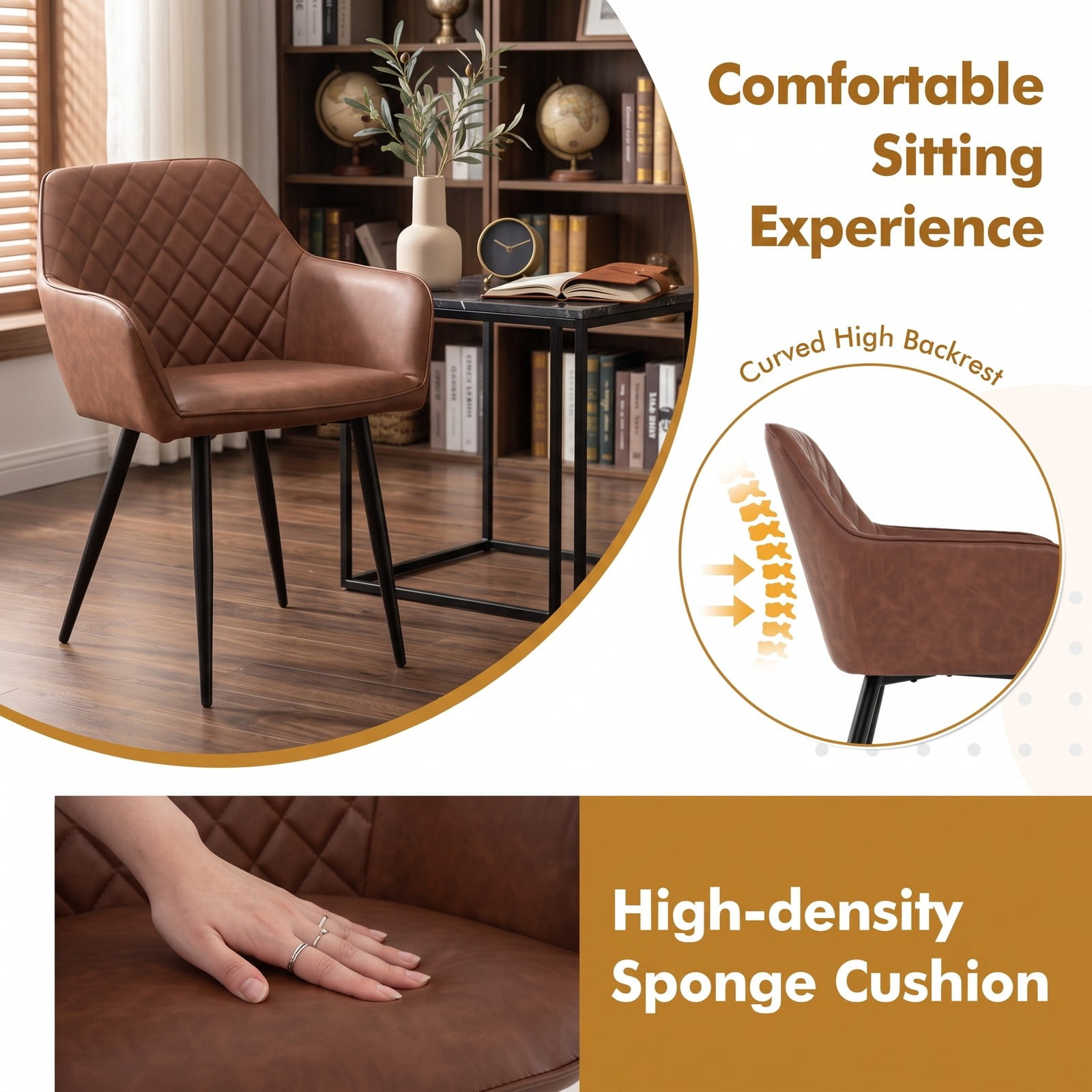 Furnibear Upholstered Dining Chairs Set of 2, Fabric Accent Armchair with Curved Backrest, Wide Padded Seat and Metal Frame for Kitchen Living Room, Coffee