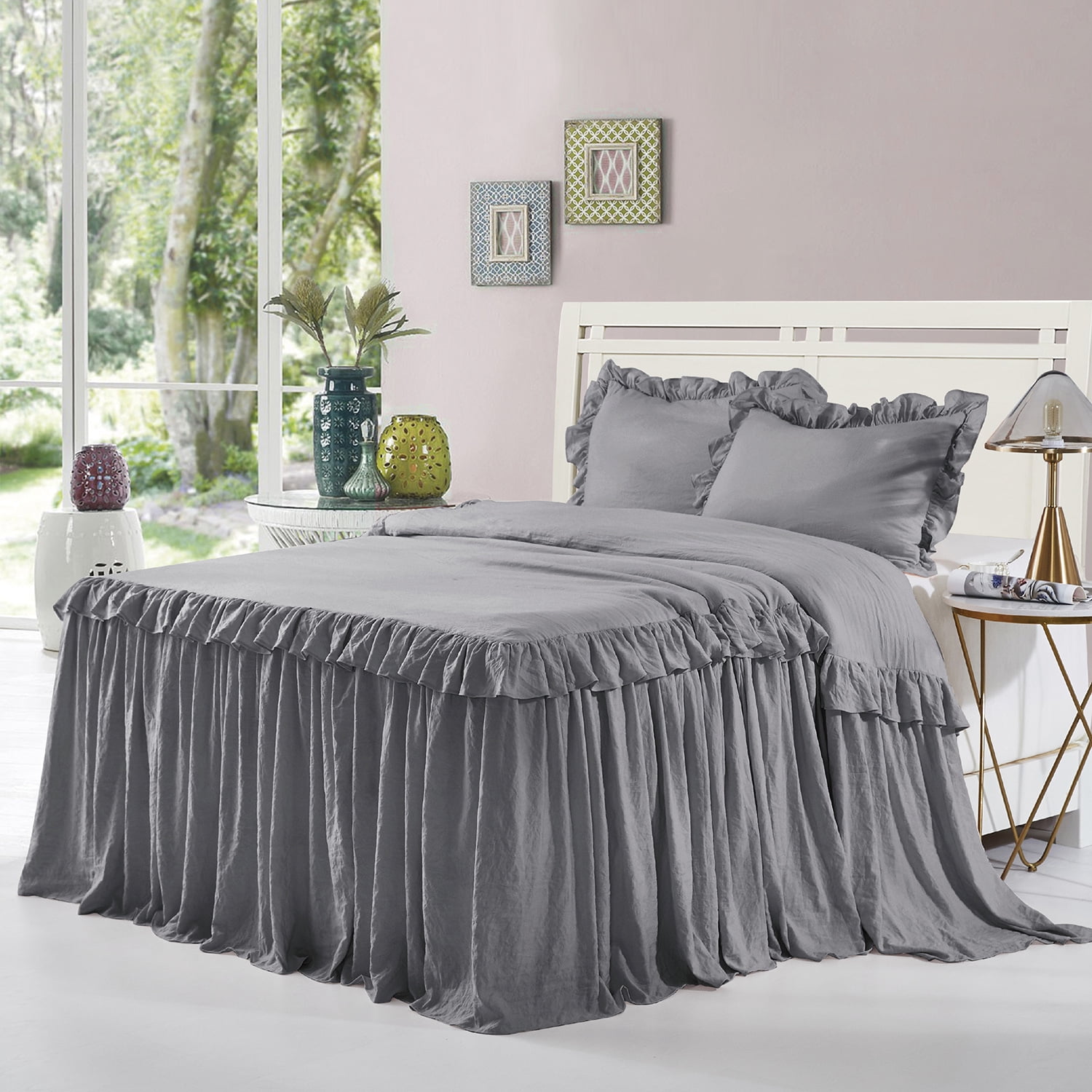 HIG 3 Piece Ruffle Skirt Bedspread Set QueenDark Gray Color 30 inches