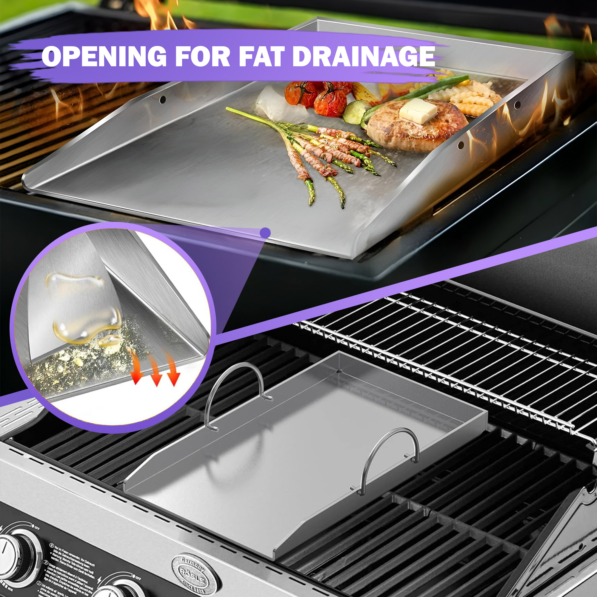 11.8" x 15.8" Griddle/Plancha Grill Plate – 4 mm Thick Stainless Steel BBQ Griddle Accessory with Removable Handles for Gas & Charcoal Grills