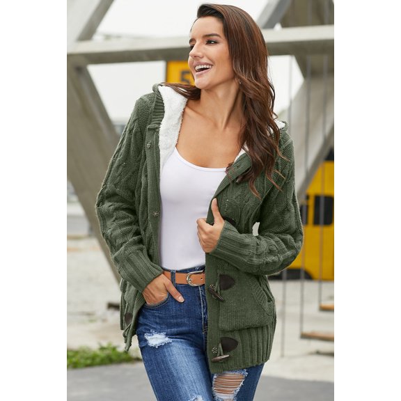 Army Green Fur Hood Horn Button Sweater Cardigan