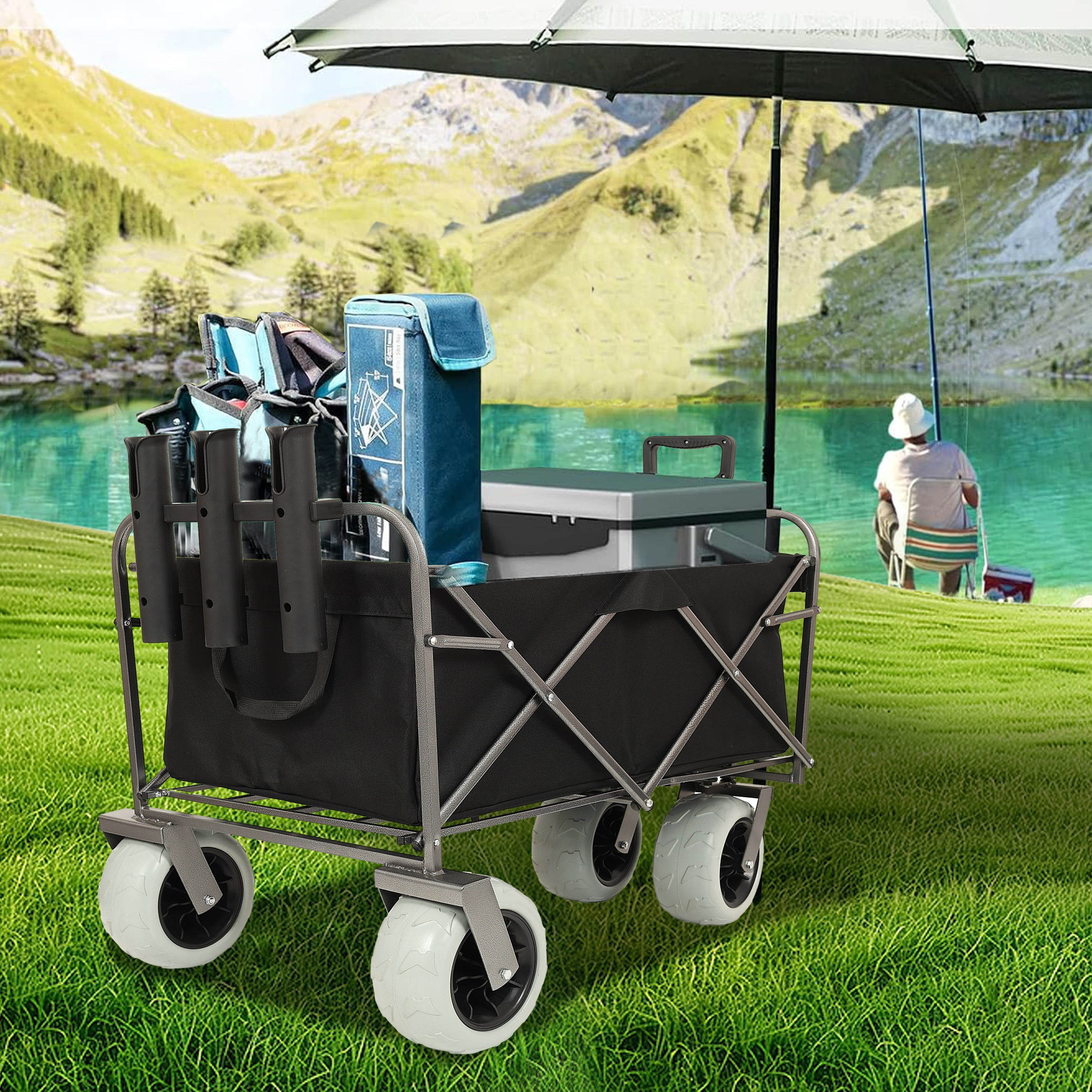 Fishing Cart with Rod Holders, Beach Wagon with Big Wheels for Sand 500lbs capacity - All Terrain Steel Frame Utility Cart with 9" Pneumatic Tires