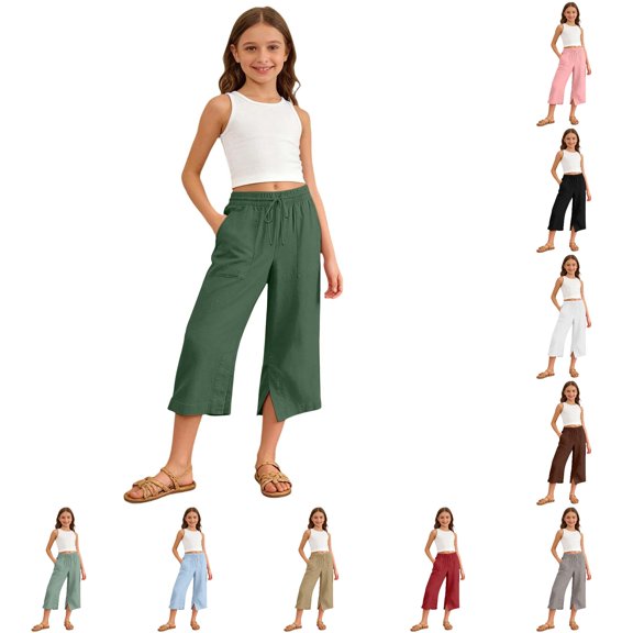 YMNXA Kids Girls Capri Pants Elastic Waist Drawstring Straight Fit Solid Color Comfortable Lightweight Trousers For Casual Daily Wear,Dark Green,14-15 Years