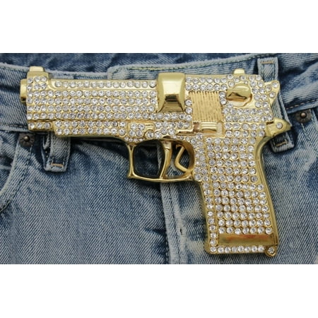 Bling Belt Buckle Gun Belt Buckle Western Cowboy Cowgirl Huge Heavy Jumbo Bling Rhinestones Gold Metal Fashion costume ()