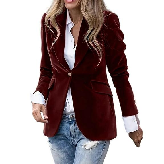 JSheng Women's Gold Velvet Suit Jacket Winter Solid Fashion Street Style Button Blazer with Pocket for Business Work Red L