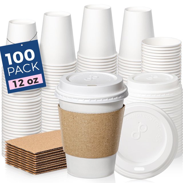 Fit Meal Prep 100 Pack 12 oz Disposable Coffee Cups with Lids, Sleeves, Leak-Proof To Go Coffee Cups with Lids, Durable Hot Paper Cups for Hot Cocoa