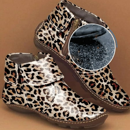 

Womens Leopard Print Flats Leather Zipper Round Toe Casual Shoes Ankle Boots Brown 8.5