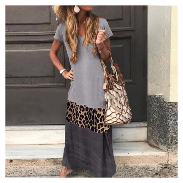 Vestido de manga larga con estampado de patchwork gris leopardo para mujer