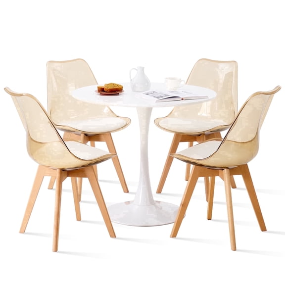 Round Dining Table Set for 4, 31.5" Tabletop with Metal Tulip Pedestal Base, White Modern Kitchen Table with 2 Clear Acrylic Chairs for Small Space