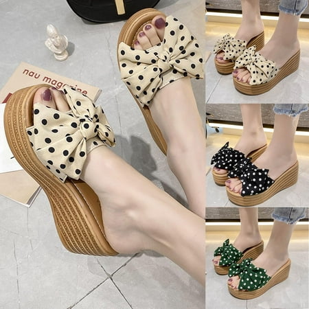 

ClodeEU Women Bowknot Beach Summer Slippers Platform Slope Heels Plus Size Shoes