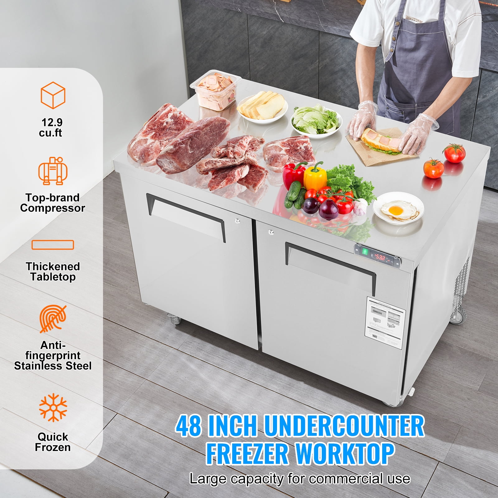 KFFKFF 48" Professional Chilled Storage for Sandwiches & Salads, 12.9 Cu. Ft Stainless Steel Food Preparation Station with Dual Doors, No-Frost Fridge with Lock for Eateries, Pubs