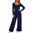 thumbnail image 2 of Bloomae Long Sleeve Jumpsuit for Women Trendy Fall Outfits Loose Fit Casual Ruched Elastic High Waist One Piece Square Neck Wide Leg Pants Romper With Pockets, 2 of 8