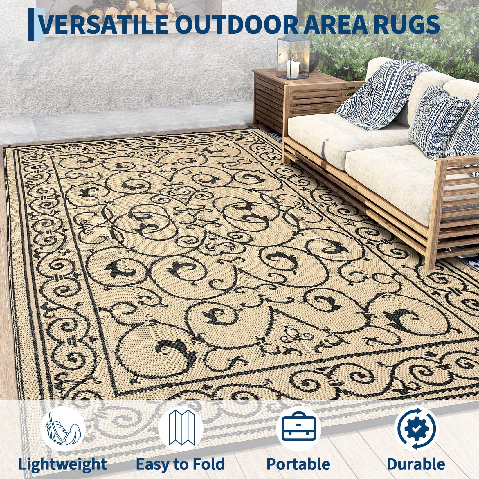 Nanan 9x18 Outdoor Rug, Waterproof UV Protected Fade Resistant Reversible Plastic Straw Patio Mat for RV, Camping, Deck, Yard, Garden, Balcony, Poolside, Black Brown