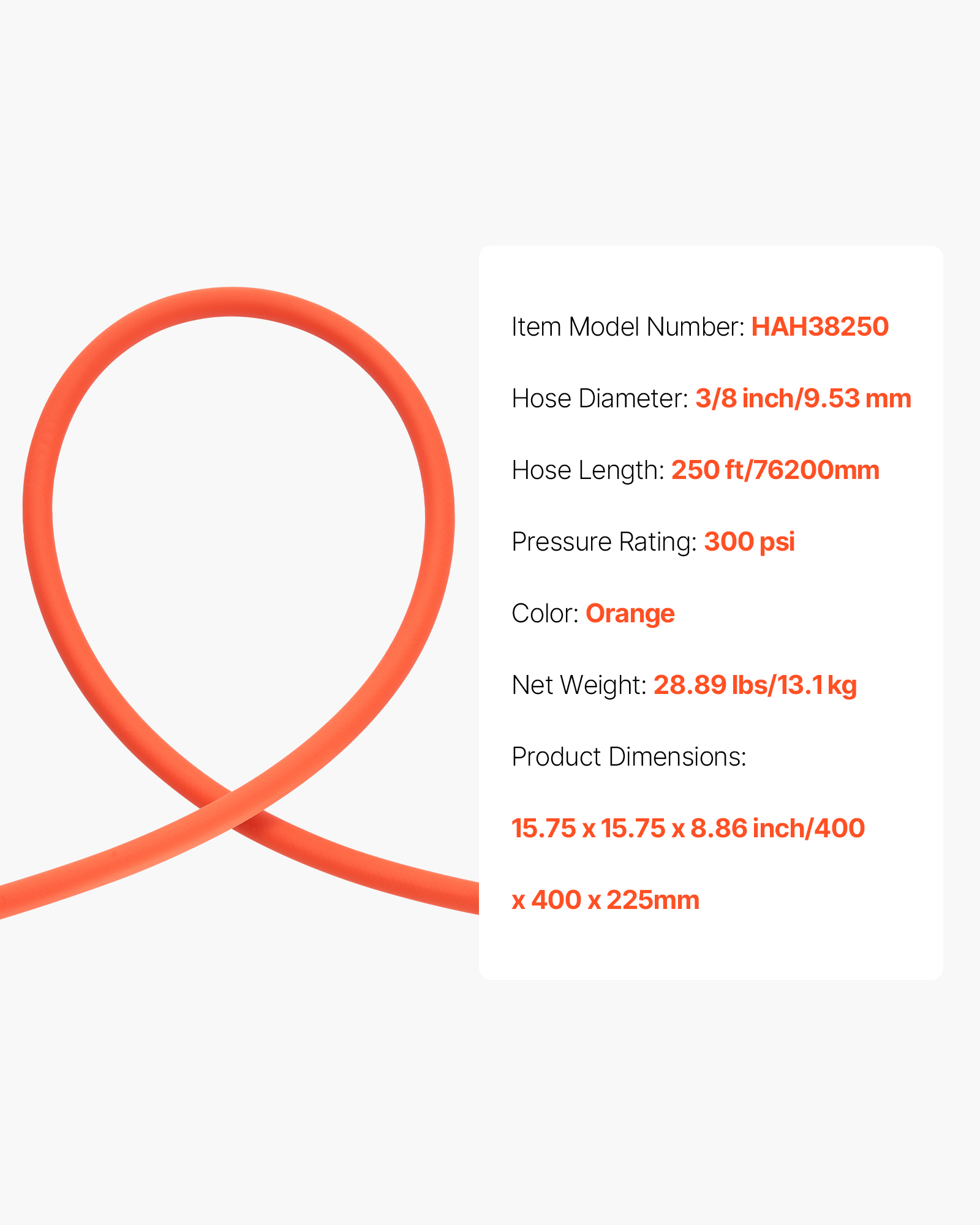 VEVOR Air Hose, 3/8'' x 250ft Hybrid Air Hose, Lightweight, Kink Resistant, Pneumatic Hoses with Three-Layer Hybrid Material for Auto, Home & Building, 300 PSI, All-Weather Flexibility, Orange