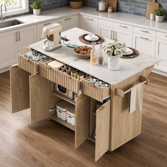 55.5 Inch Fluted Kitchen Island with Drop Leaf, Power Outlet and Storage, Rolling Island Table with Wood-Grain Top, Natural