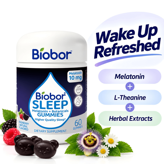Biobor Sleep Gummies, 10mg Melatonin & 100mg L-Theanine & Herbal Extracts, Calm & Relaxation Support, Non-GMO, Gluten Free, Raspberry Flavored, 60 Count