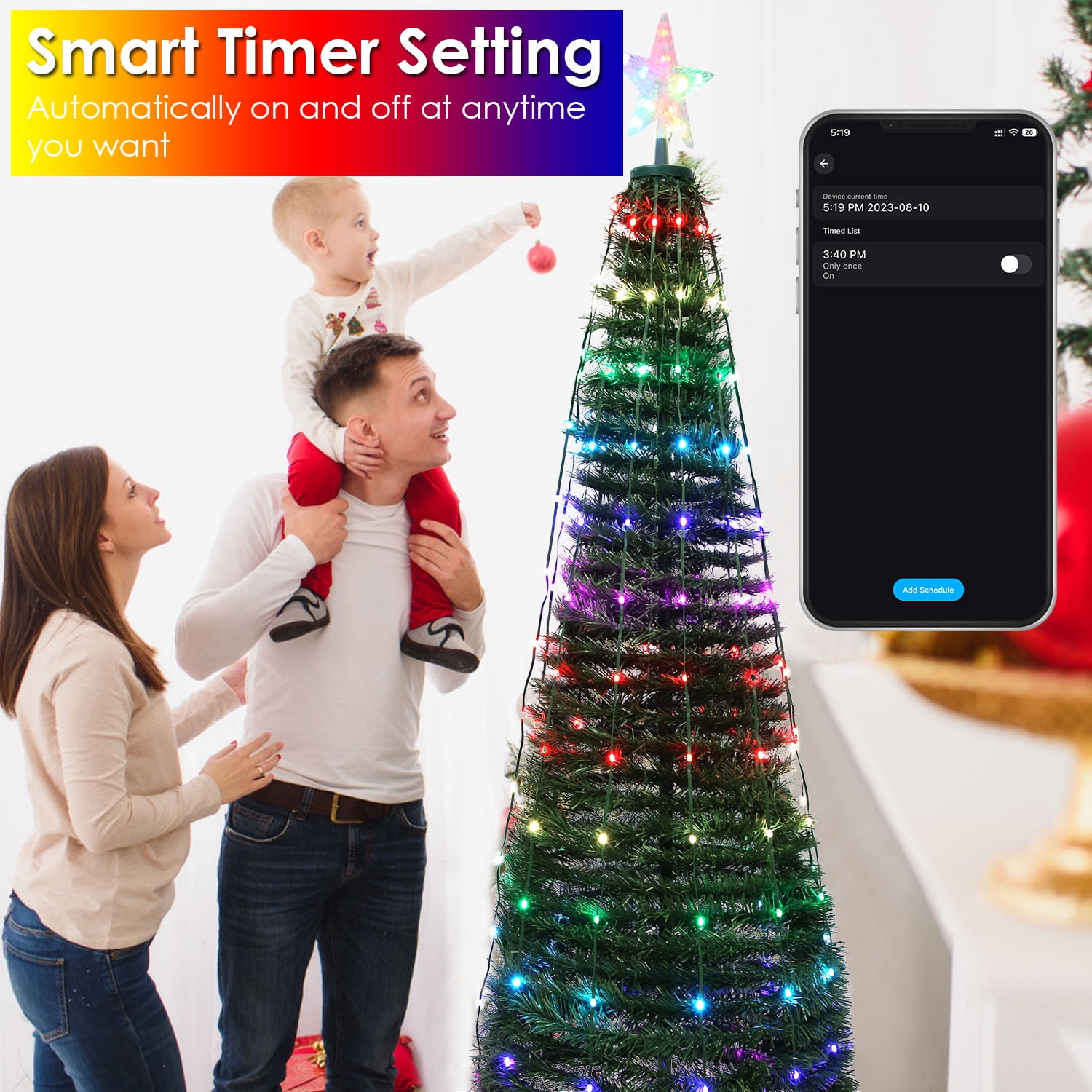 4.9FT Collapsible Christmas Tree with 166 LED Lights,  IP65 Waterproof Artificial Christmas Tree with Remote App Control Timer Setting for Xmas Holiday Party Fireplace Decor