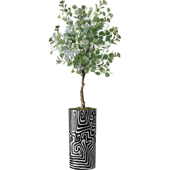 Artificial Tree in Modern Geometric Pattern Planter, Fake Eucalyptus Silk Tree for Indoor and Outdoor Home Decoration - 66" Overall Tall (Plant Pot Plus Tree)