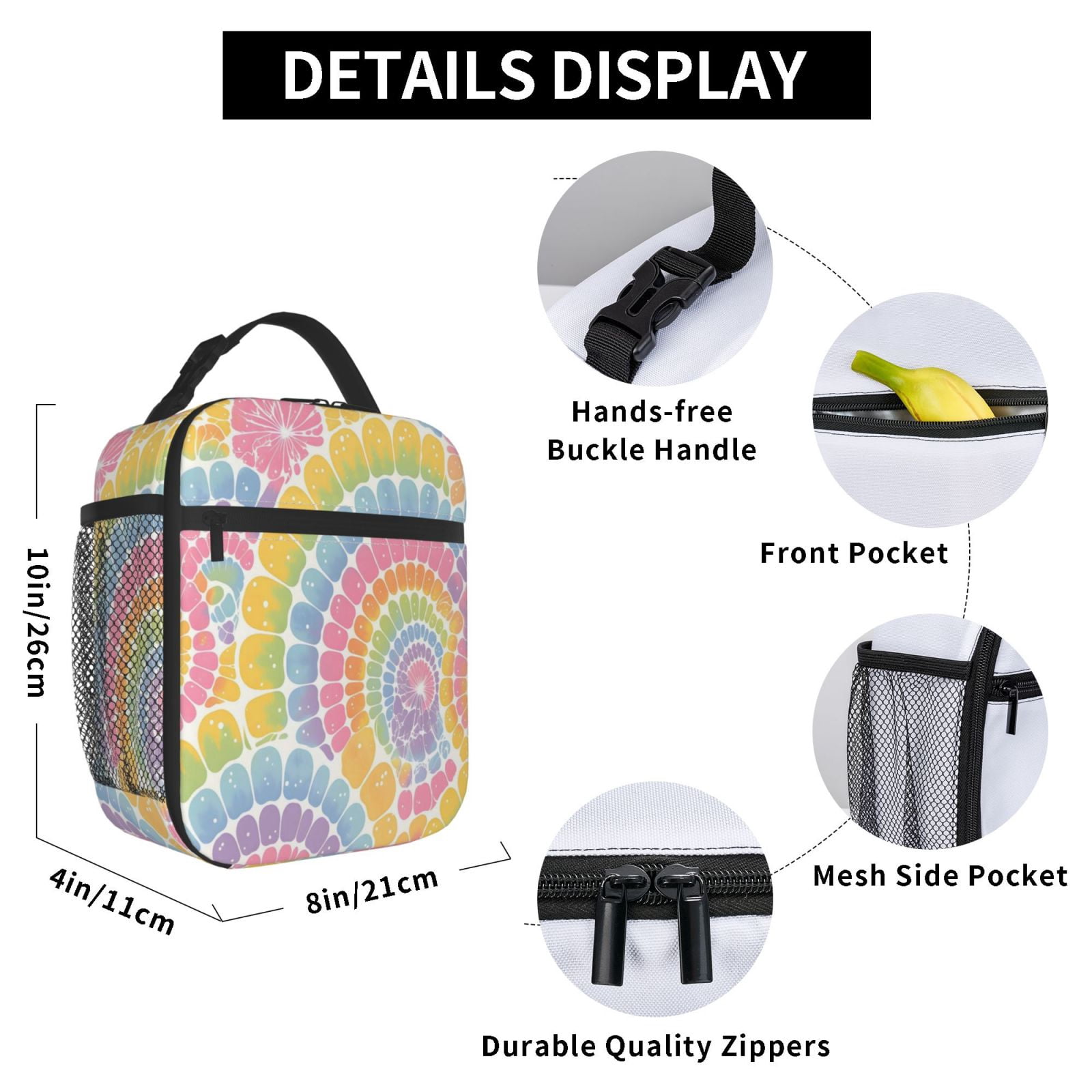 Lunch Bag For Women Men Insulated Portable Lunch Box Bento Box Office Picnic Travel Cooler Bag Gray Tie-Dye Background Rainbow Colors_2