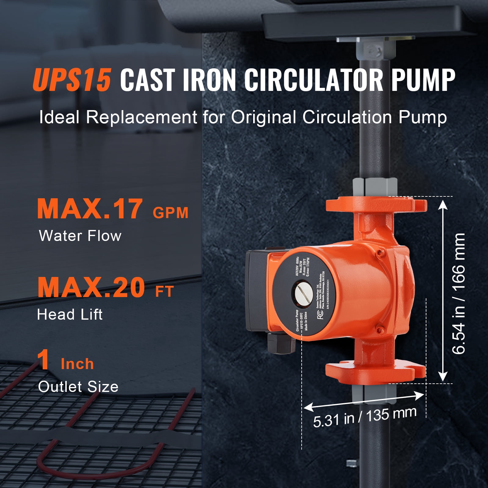 KFFKFF 110V Hot Water Recirculating Pump, 82W 17 GPM Circulation Pump with 1" NPT Flange, 3-Speed Quiet Circulator for Home Water Heating Systems