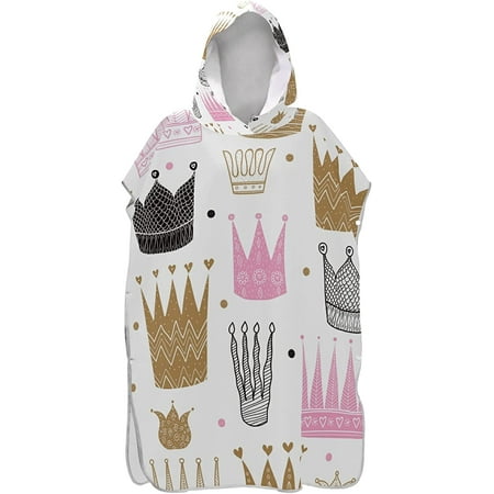 

Seamless Pink Gold Black Style Princess Crowns on White Adult Surf Poncho Changing Robe with Hood and Pocket Quick-Drying Bathrobe Microfiber Towel Wetsuit for Bath Beach Outdoor