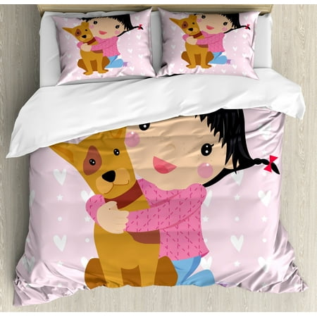 Kids Girls King Size Duvet Cover Set Cute Little Girl And Dog