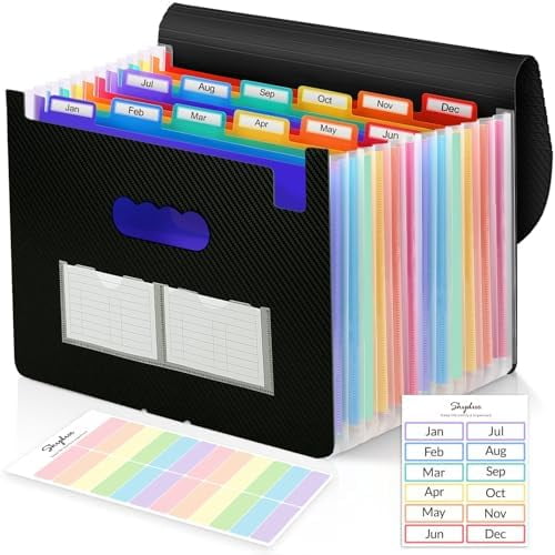 Accordion File Organizer, 12 Pockets File Folders, Letter Size Expanding File Folder with Colored Tabs and Expandable Cover, Portable Bill Receipt Organizer Black