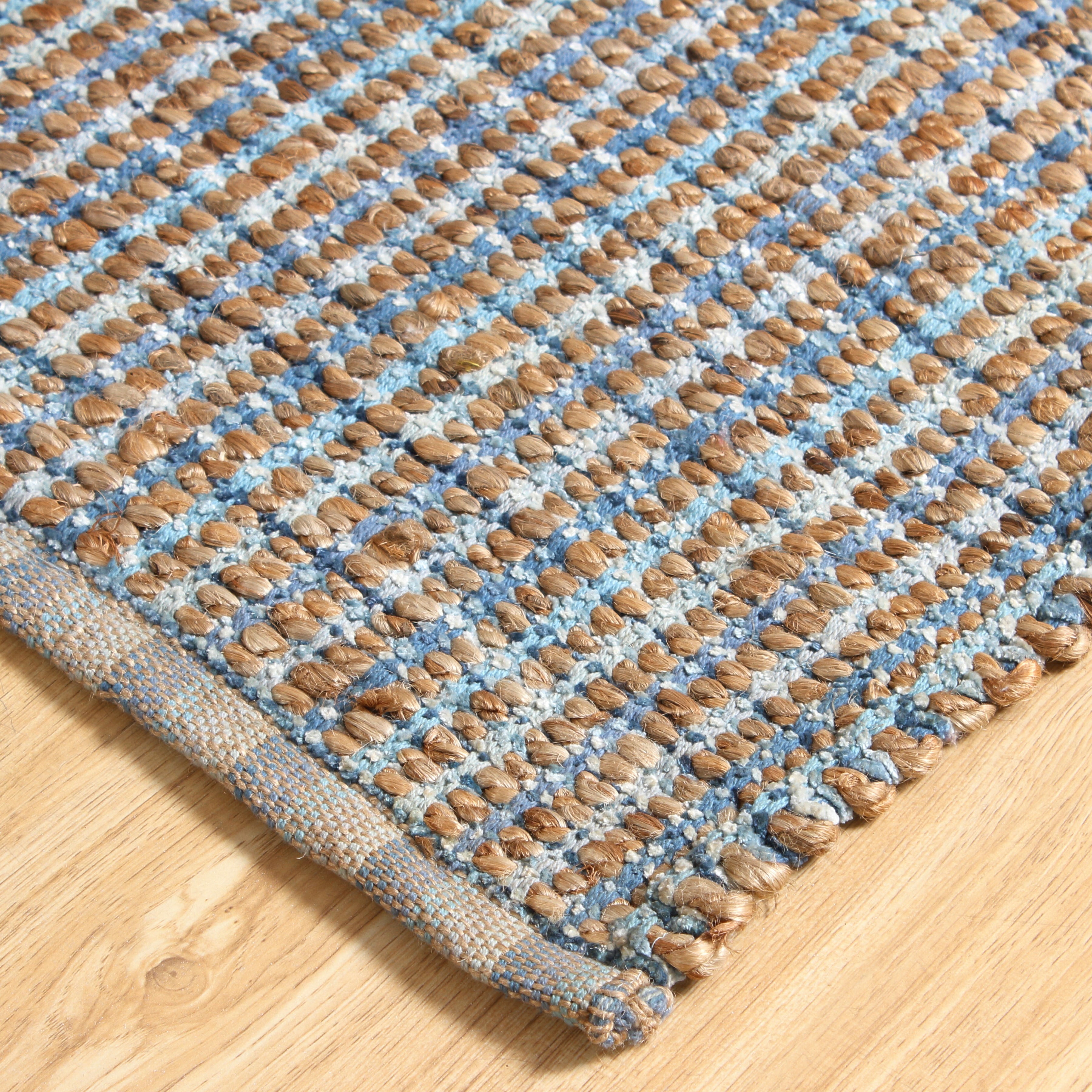 LR Home Natalie Cere Tan/Blue Grid Coastal Jute Blend Area Rug, 5' x 7'9"