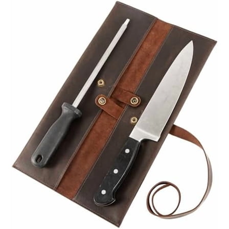 Leather Double Knife Roll for Chefs,Vertical Knife Storage Case,Portable Travel Carry-On Roll Bag,Rectangular Protector Sheath Pouch Organizer for Chef Kitchen Cutlery Knives Accessories,Cooking Tool