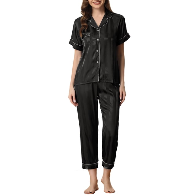 Conjunto de pijama de 2 piezas para mujer INSPIRE CHIC, camisa de satén de botones cortos con pantalones largos, talla XS, negro