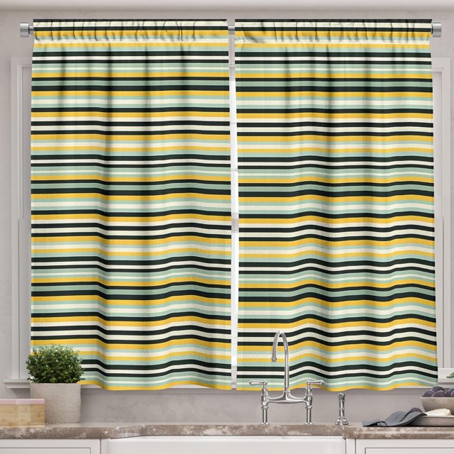 Stripes Kitchen Curtains, Horizontal Lines Simple Design with Retro Farmhouse Inspired Colors, Window Drapes 2 Panel Set for Kitchen Cafe Decor, 55" x 36", Mustard Reseda Green