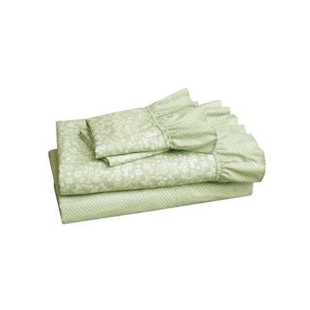Pyxie Home Shabby Chic 4-Piece Green Floral and Polka Dot Sheet Sets, Full