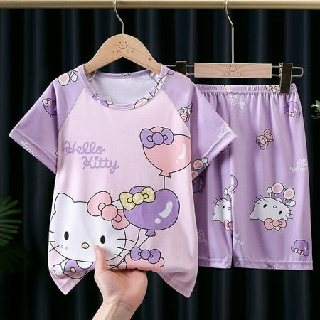 

Kawaii Sanrios Hello kittys Kuromi Cinnamoroll Children s Summer Thin Pajama Two-piece Set Cute Short Sleeved Shorts Home Clothe