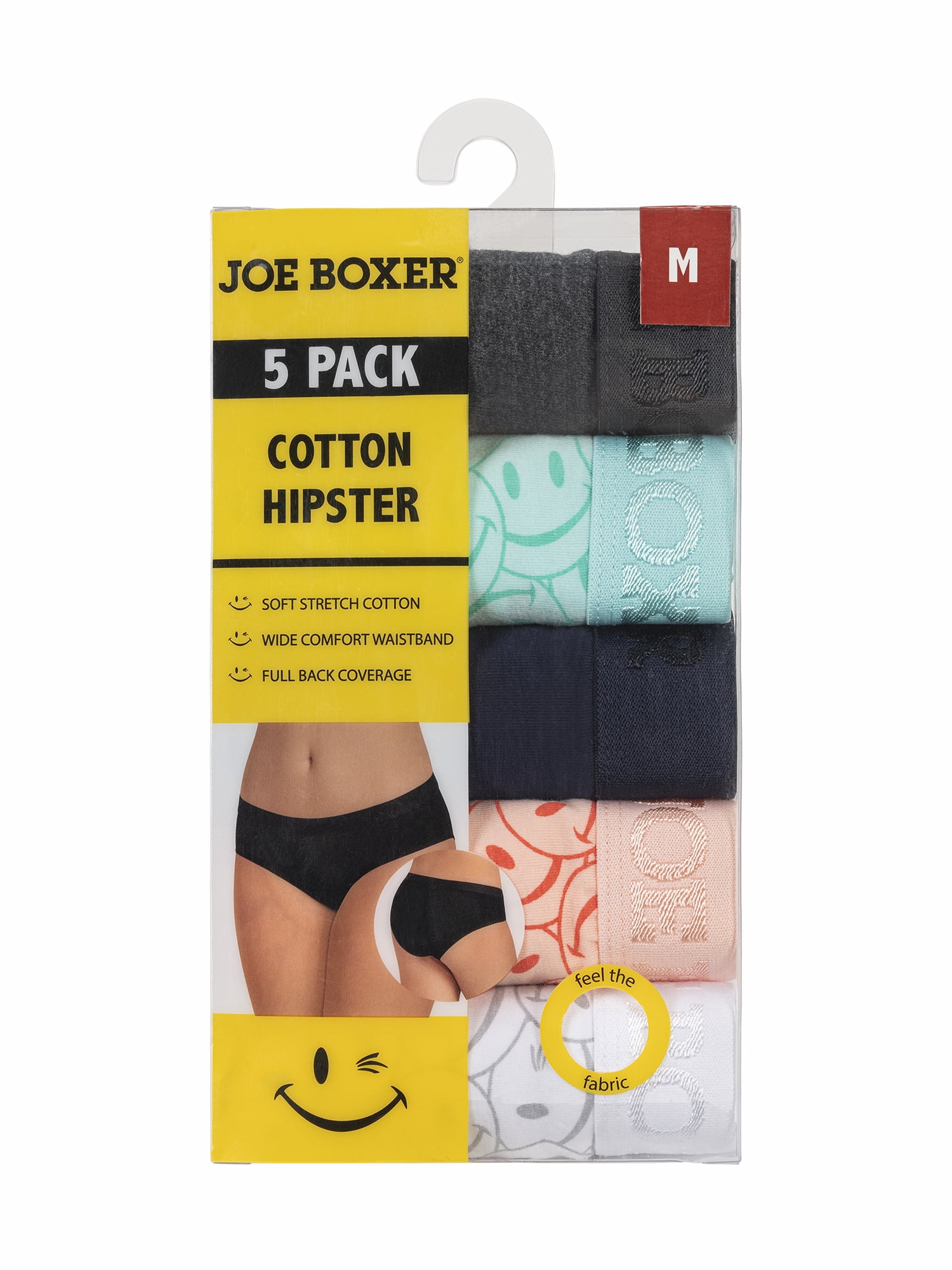 Joe Boxer Women's Cotton Spandex Hipster Panty Underwear with Iconic Smiley Face Logo Print, 5-pack, Sizes S- XXXL