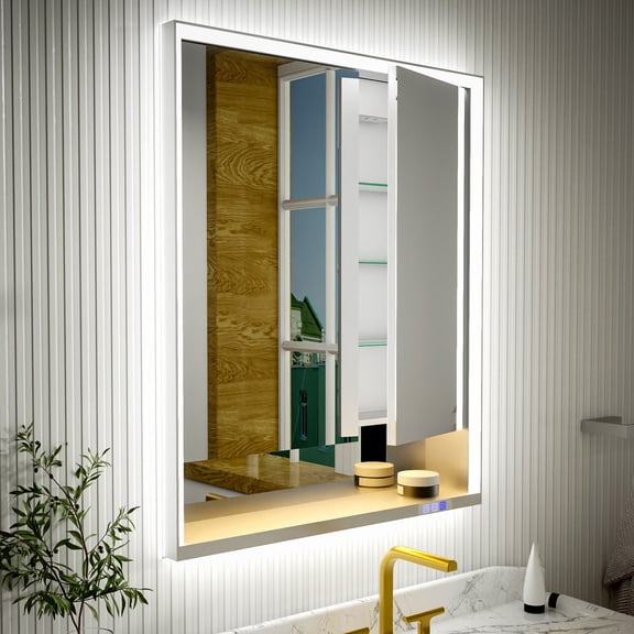 Ample 30" W x 36" H Contemporary Medicine Cabinet with LED Light, Mirror, and Shelves for Bathroom Recessed or Surface Mount