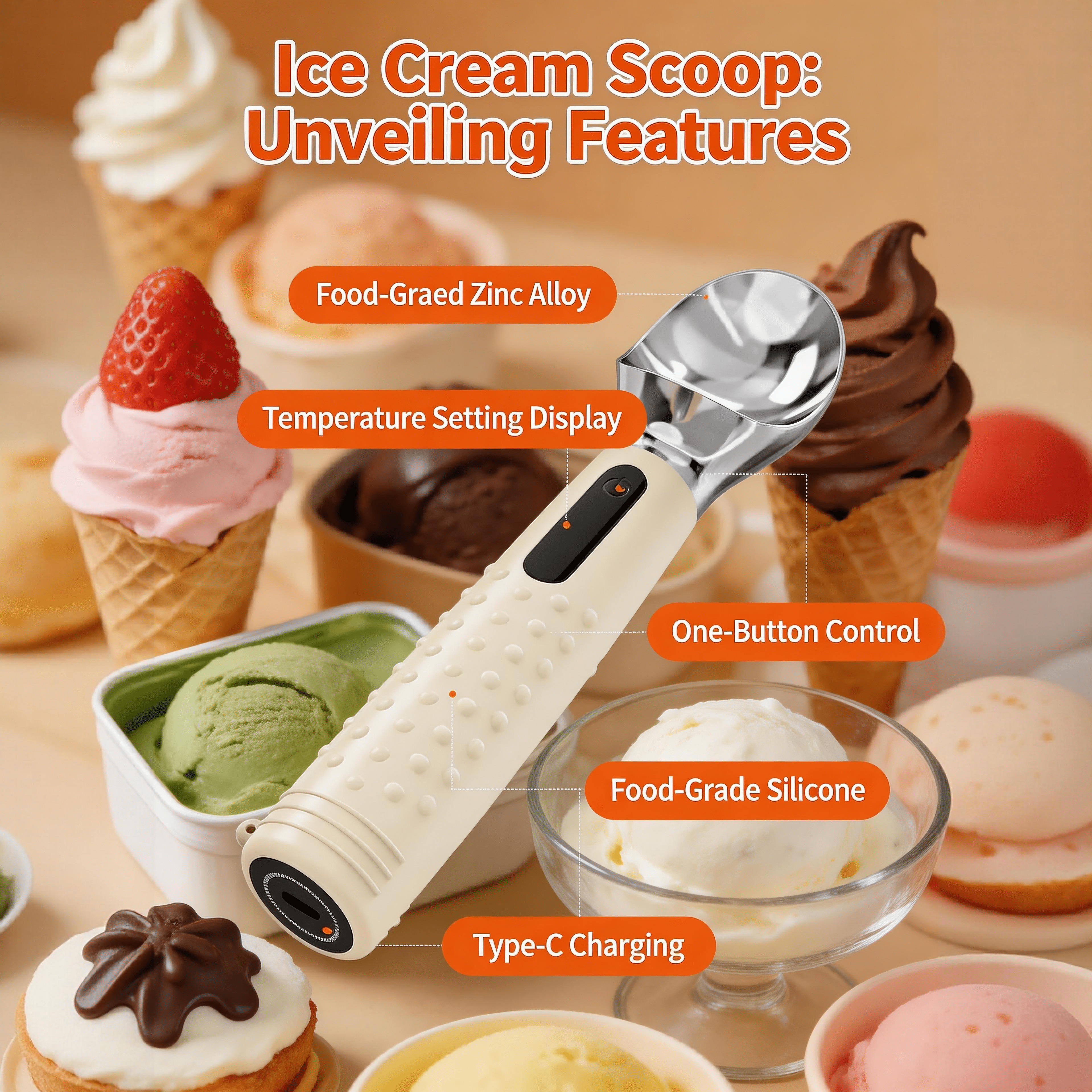 Electric Heated Ice Cream Scoop, Fast Heating, Rechargeable with LED Monitor, Waterproof Stainless Steel Metal Ice Cream Scoop with USB-C Charging